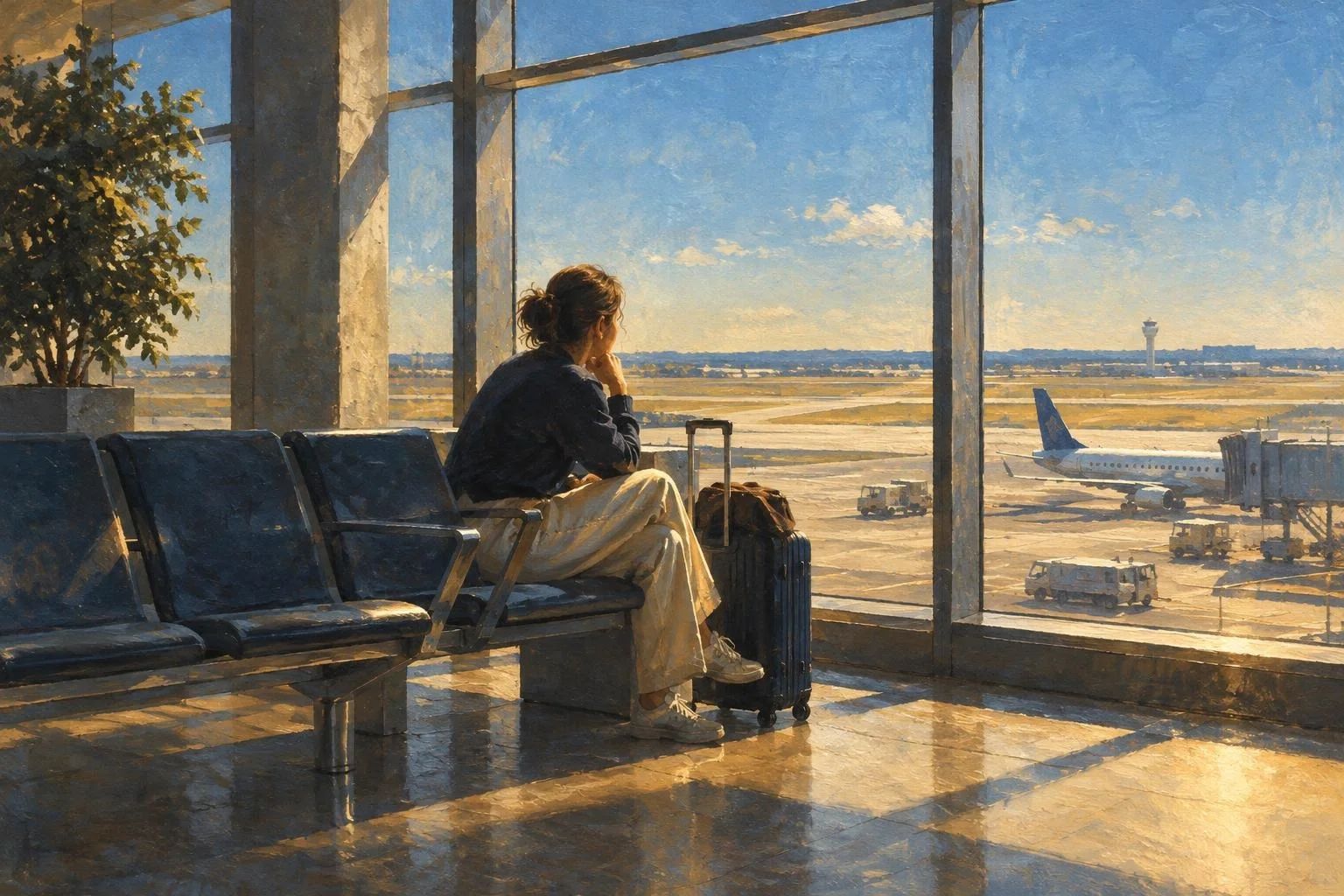 Sallë e madhe aeroporti me dritare të mëdha xhami drejt qiellit të kthjellët