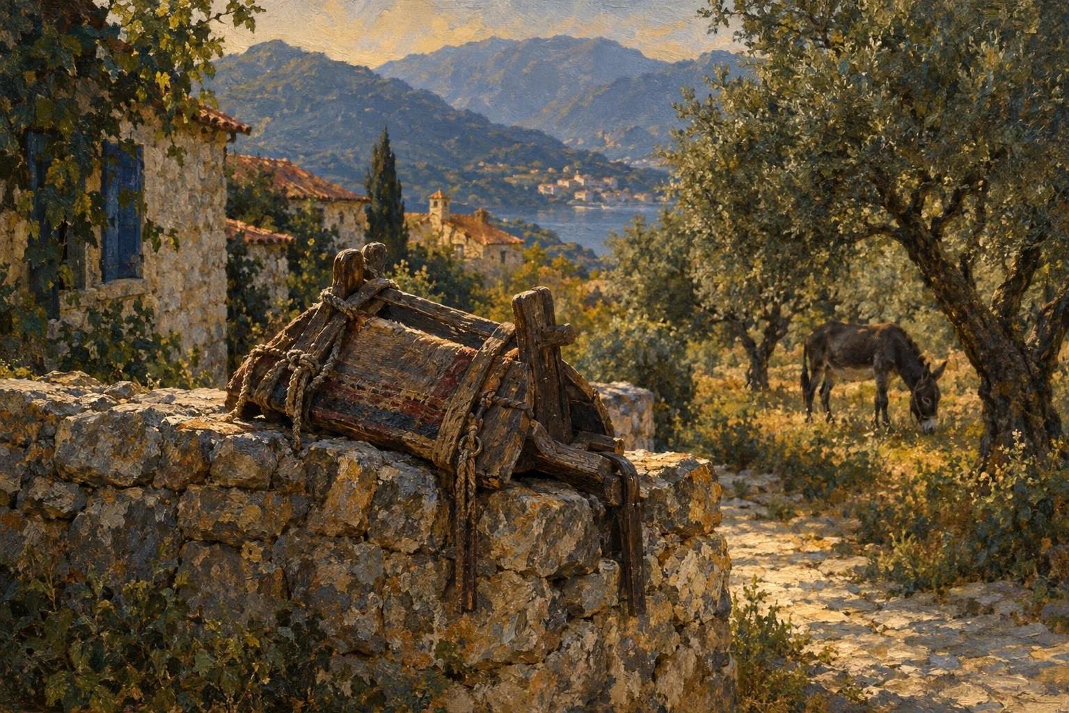 Një samar i vjetër druri mbi një mur guri në një fshat me ullinj