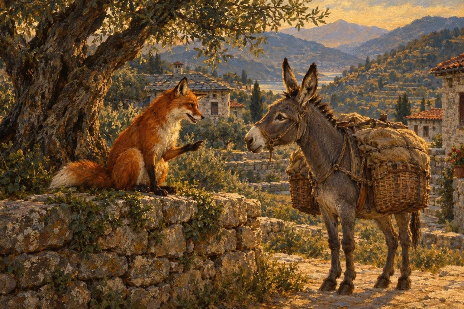 A fable scene in an Albanian village: a sly fox on a wall under an olive tree speaks to a laden donkey who listens gravely.