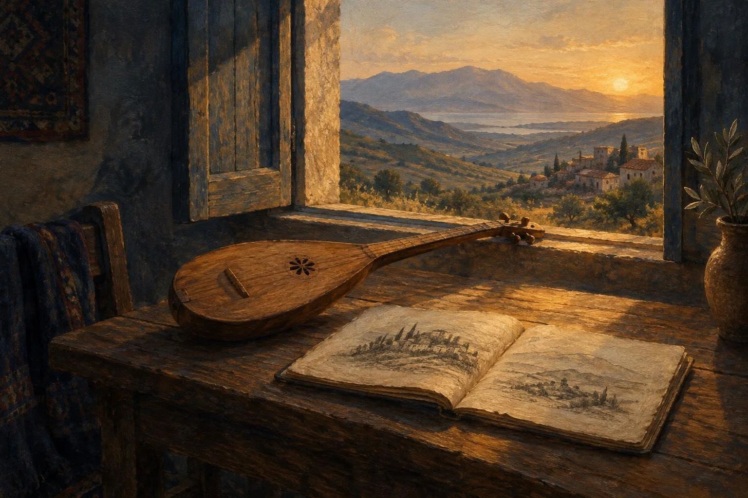 Një dhomë e ngrohtë me vegël muzikore druri mbi tryezë përballë dritares së muzgut