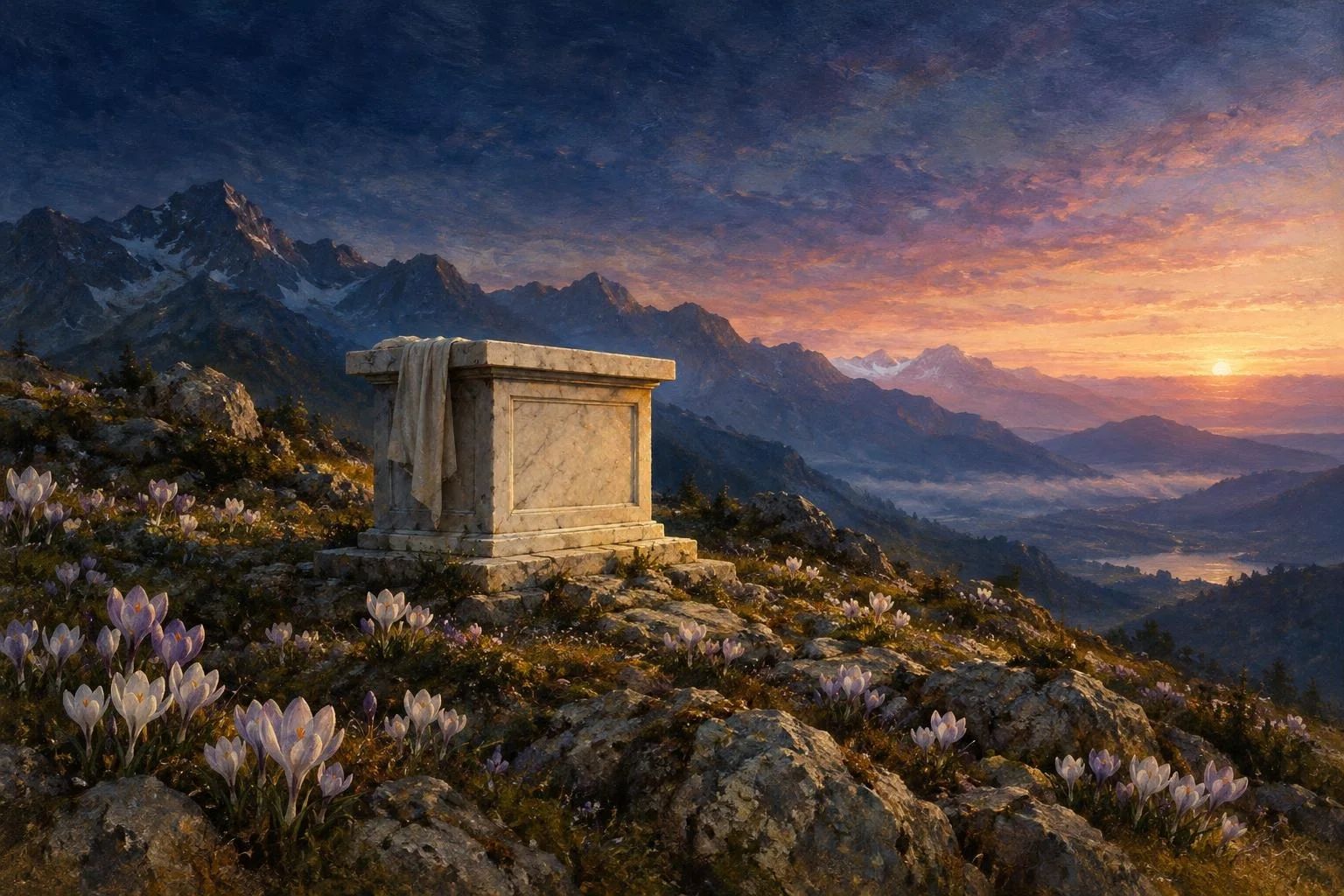 Altar i vetmuar guri në shpat mali nën qiellin e agimit