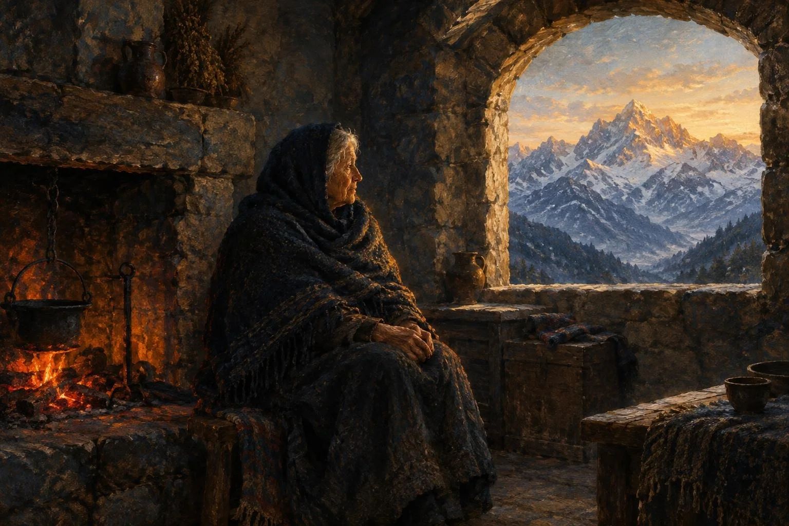Një nënë e moshuar pranë vatrës në një odë guri me pamje nga malet me borë