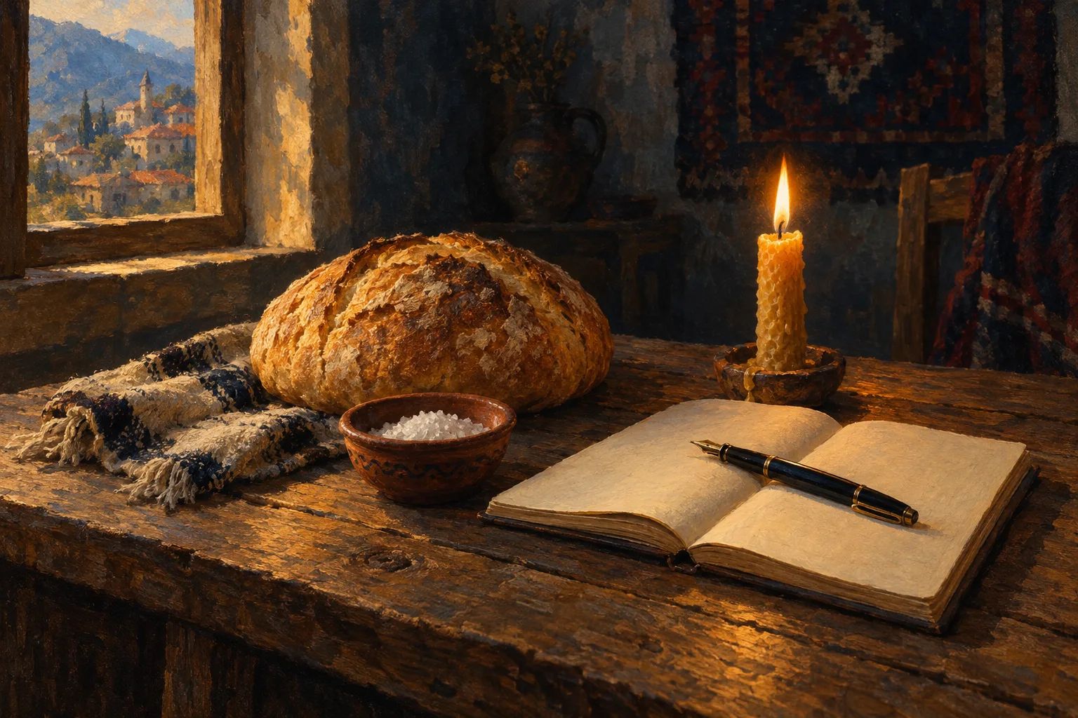 Tryezë fshati prej druri me një bukë të rrumbullakët, një enë me kripë, një fletore të hapur me stilolaps dhe një qiri të ndezur.