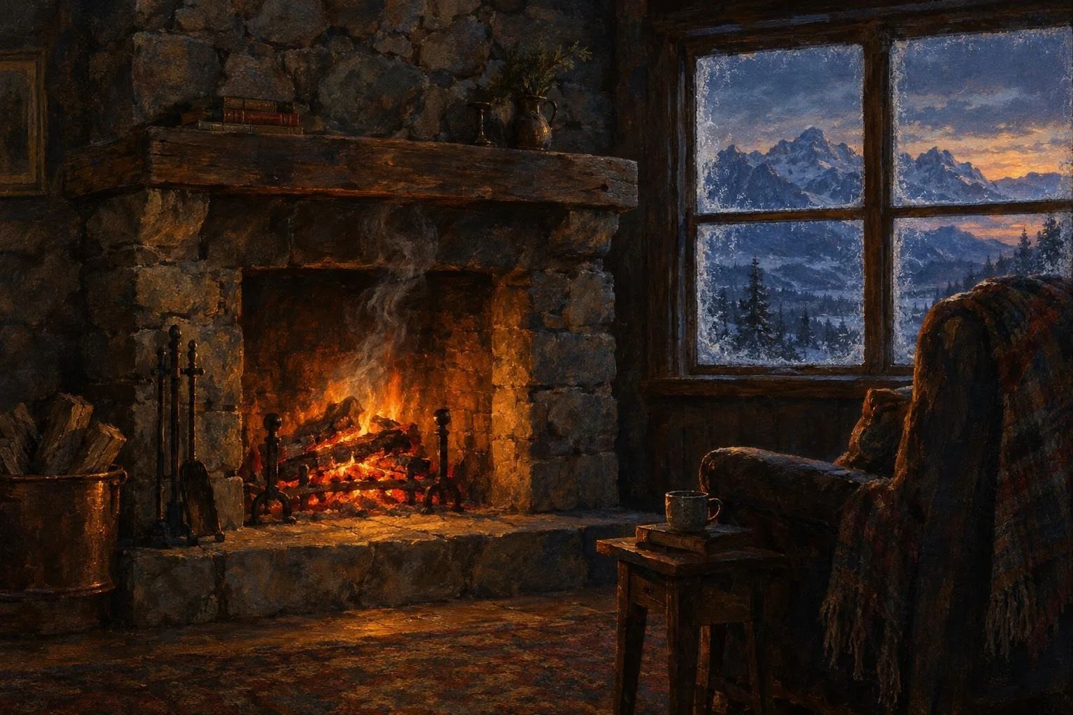 Vatër me zjarr të ndezur në një dhomë dimërore pranë një dritareje me pamje bore