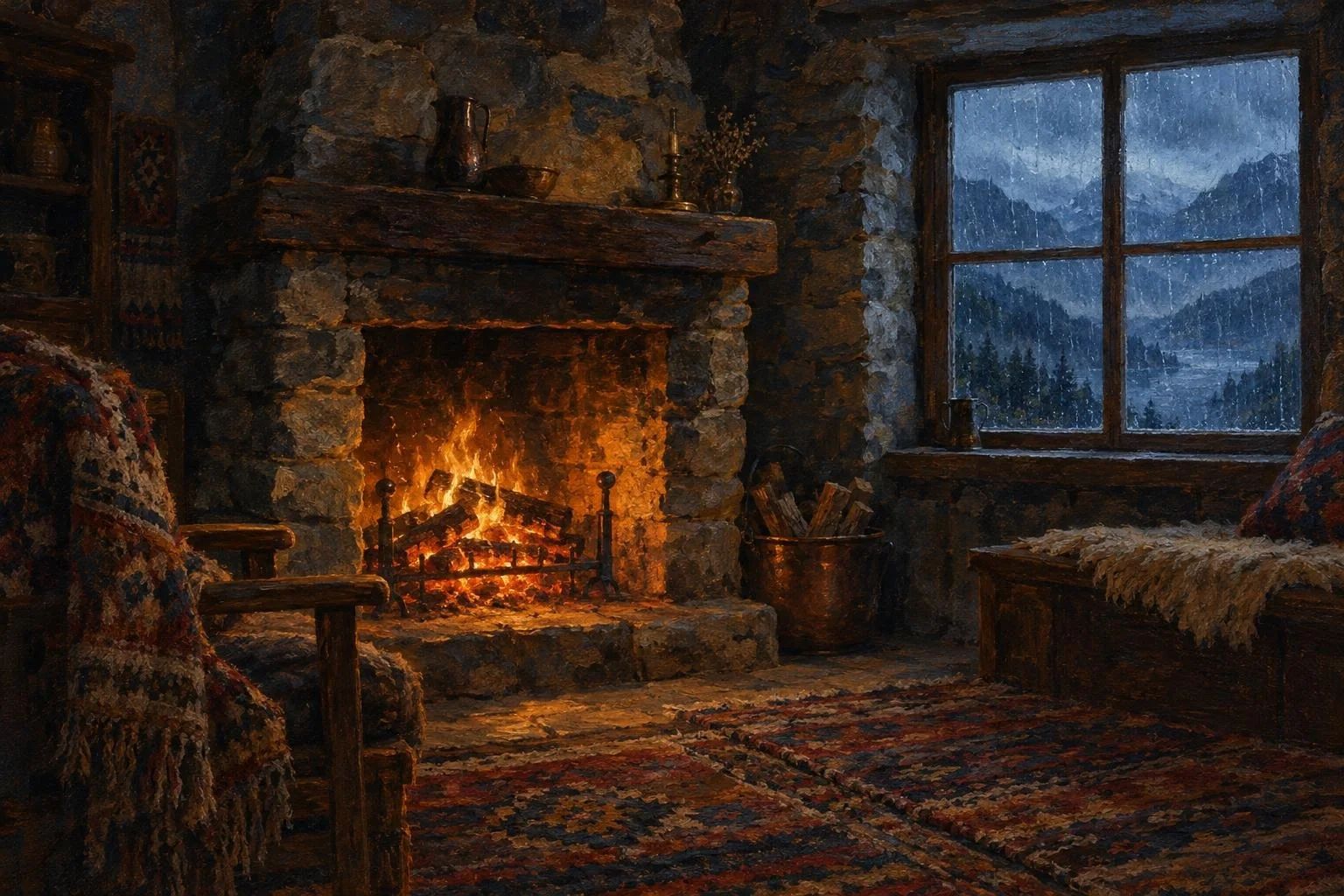 Një oxhak guri me prush të ndezur brenda një dhome tradicionale ndërsa jashtë bie shi