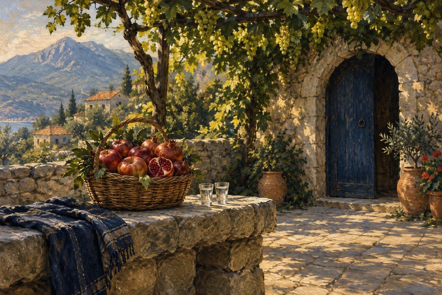 Një oborr prej guri me pjergull rrushi dhe një shportë me shegë e mollë.