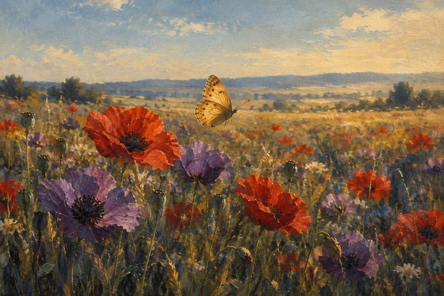 Flutur e artë duke fluturuar mbi lulekuqe në një livadh me diell