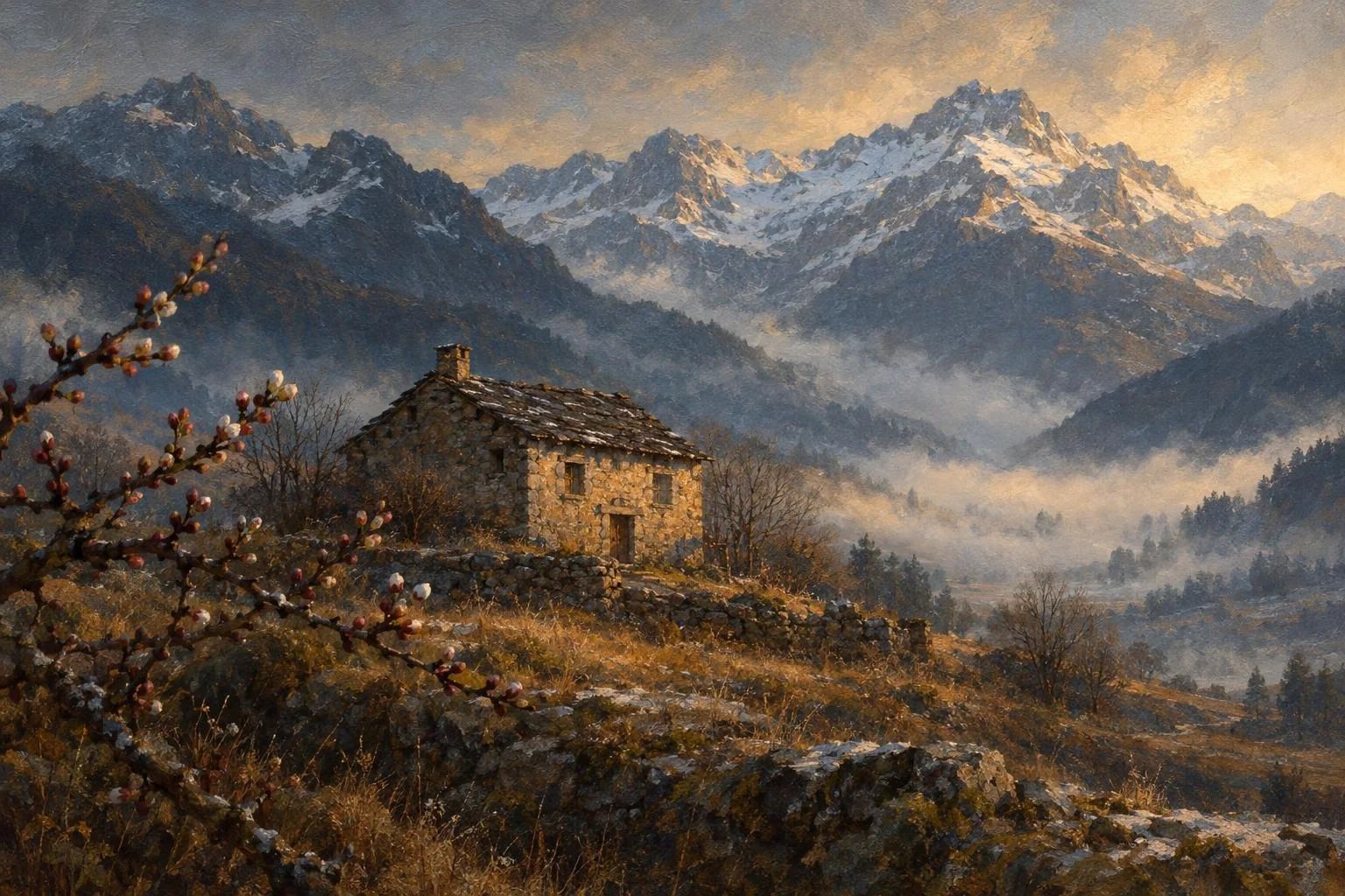 Një shtëpi e vjetër guri rrëzë maleve me dëborë mes mjegullës së ftohtë