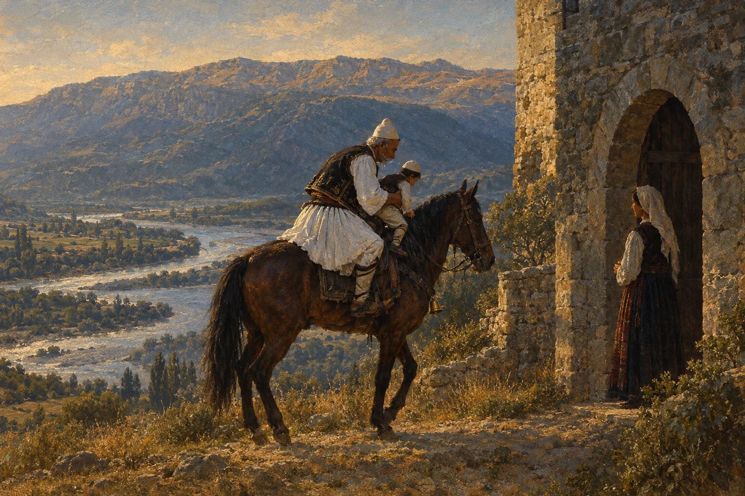 Një gjysh malësor me fustanellë e xhamadan, mbi kalë me zile, ngre një djalë të vogël mbi shalë para portës së një kulle guri, me Vjosën dhe Trebeshinën në sfond.