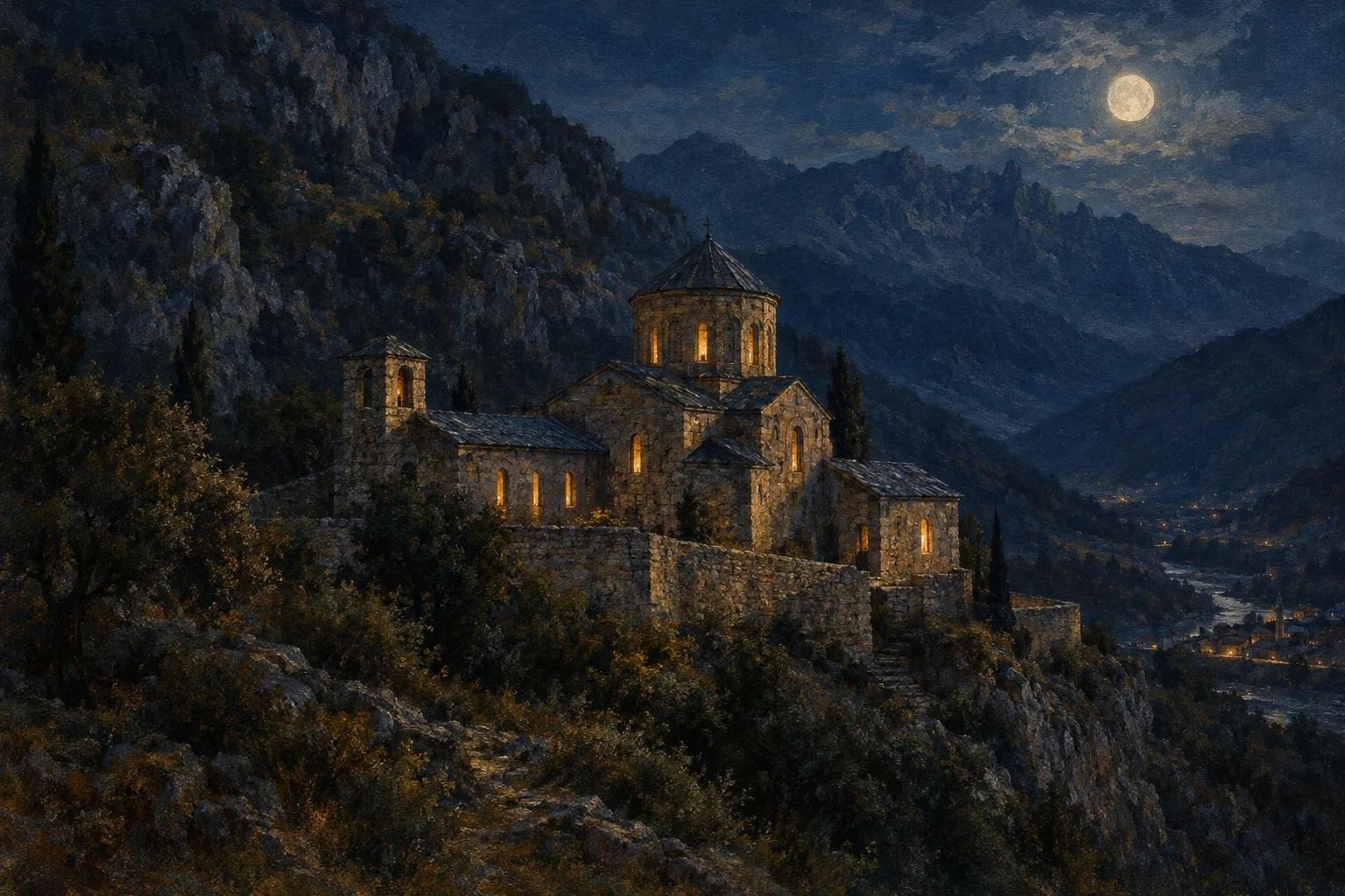 Manastir i lashtë guri në rrëzë të maleve të Pejës në dritën e ftohtë të mbrëmjes