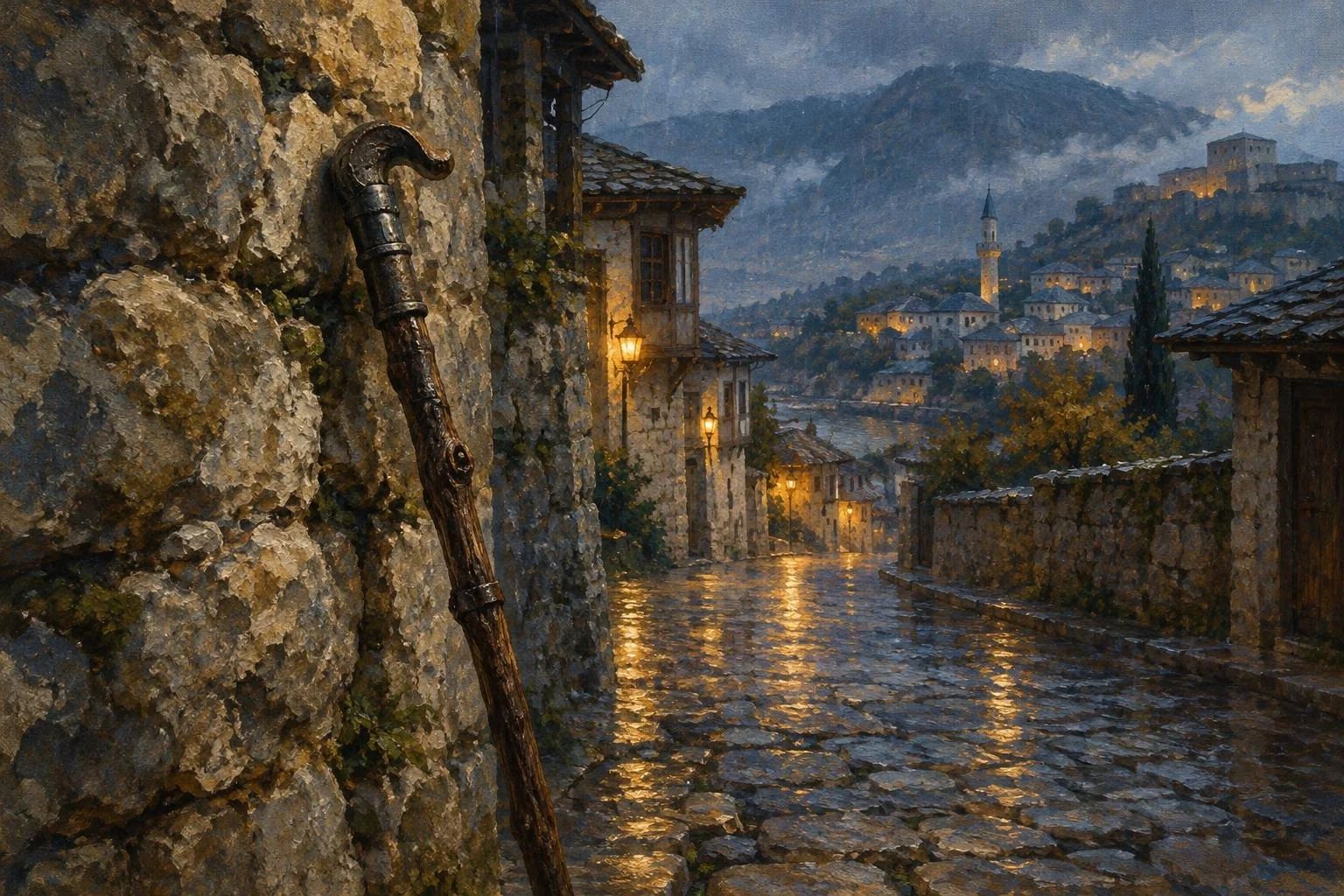 Një rrugë e lagur me kalldrëm në një lagje të vjetër me një shkop druri të mbështetur pas murit të gurit