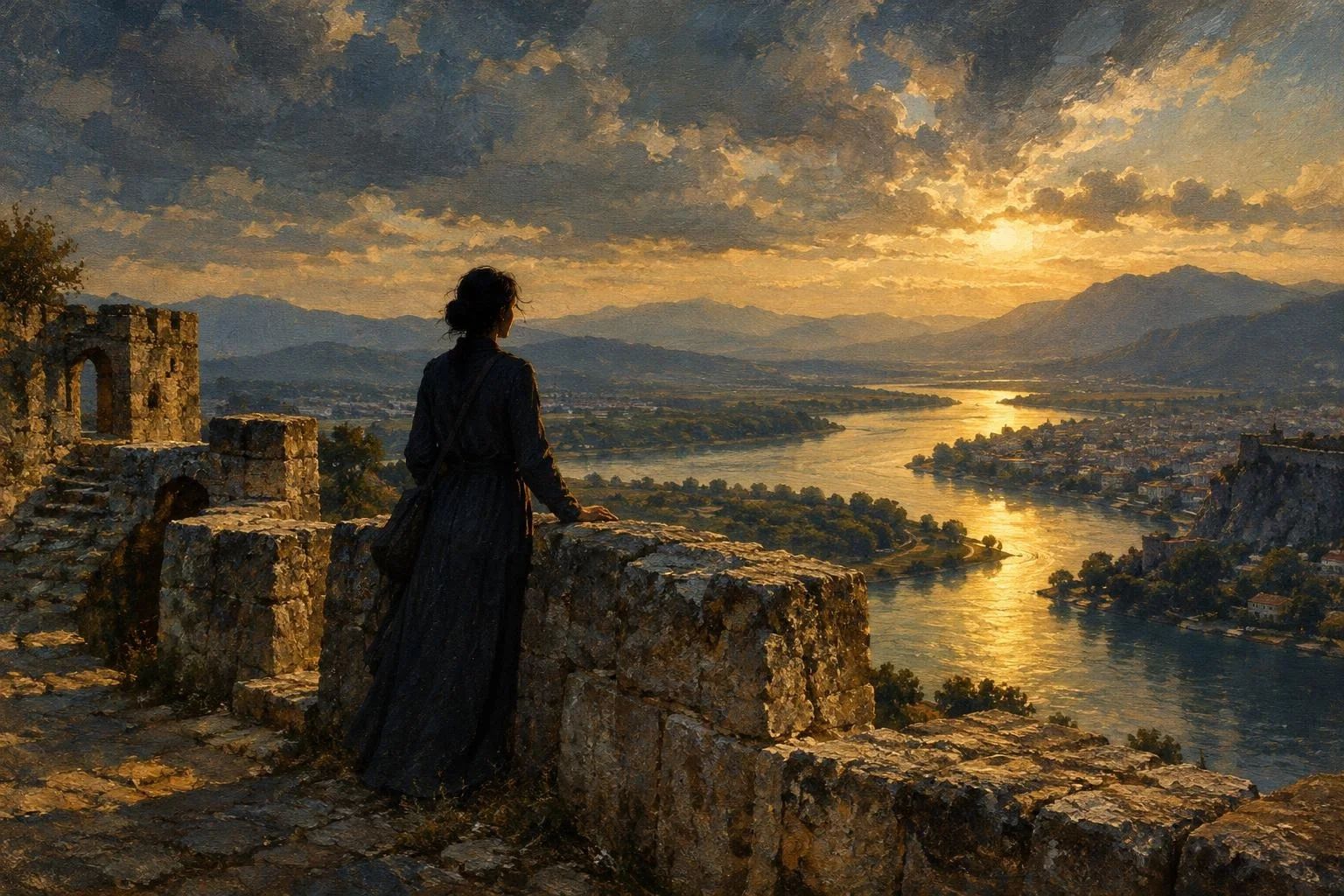 Një siluetë që prek muret e lashta të Kalasë së Rozafës përmbi lumenjtë në dritën e artë