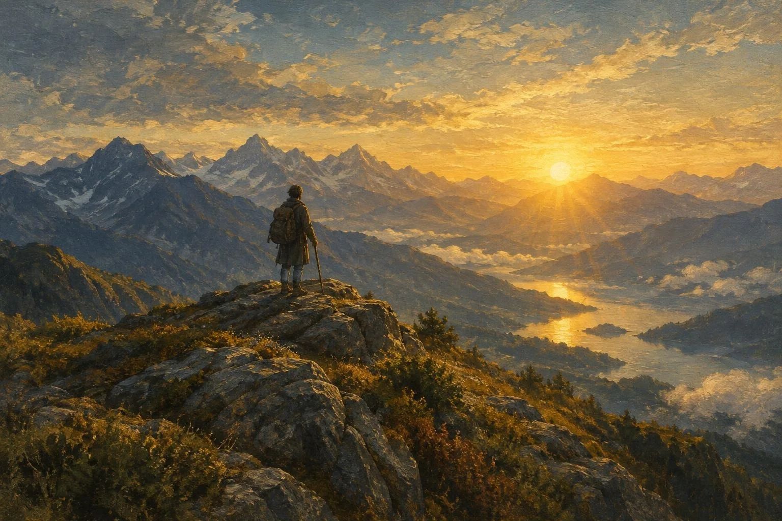 Një figurë në majë të malit e kthyer drejt diellit të artë