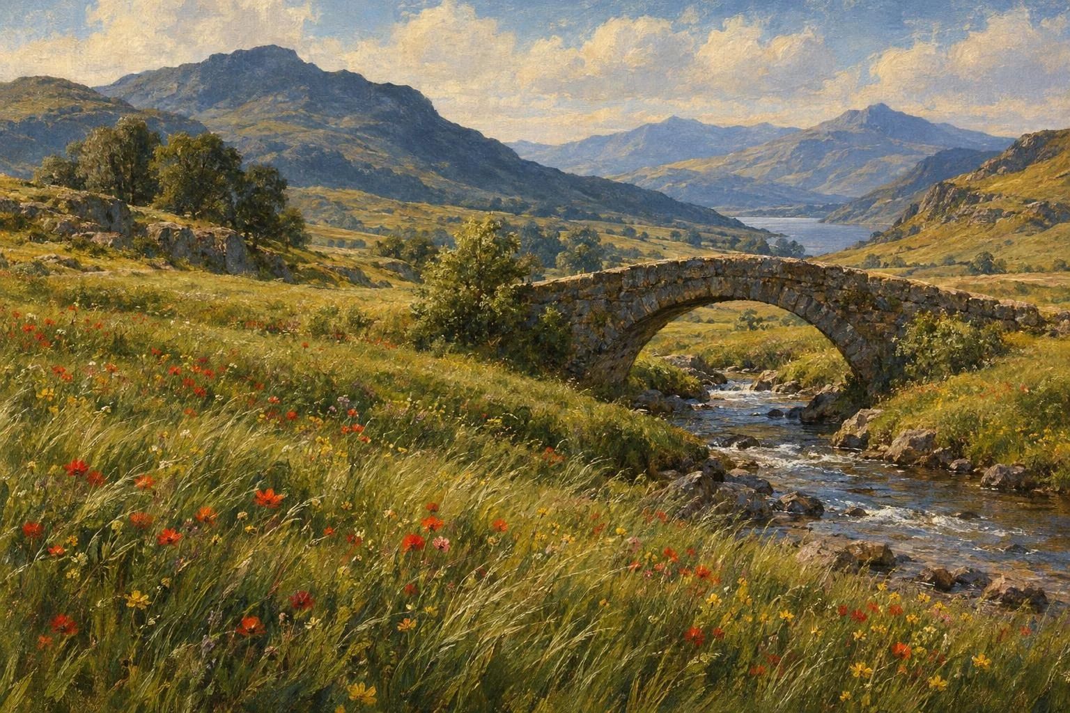 Një lëndinë e gjelbër me lule të egra dhe një urë guri mbi përrua nën diellin e mesditës