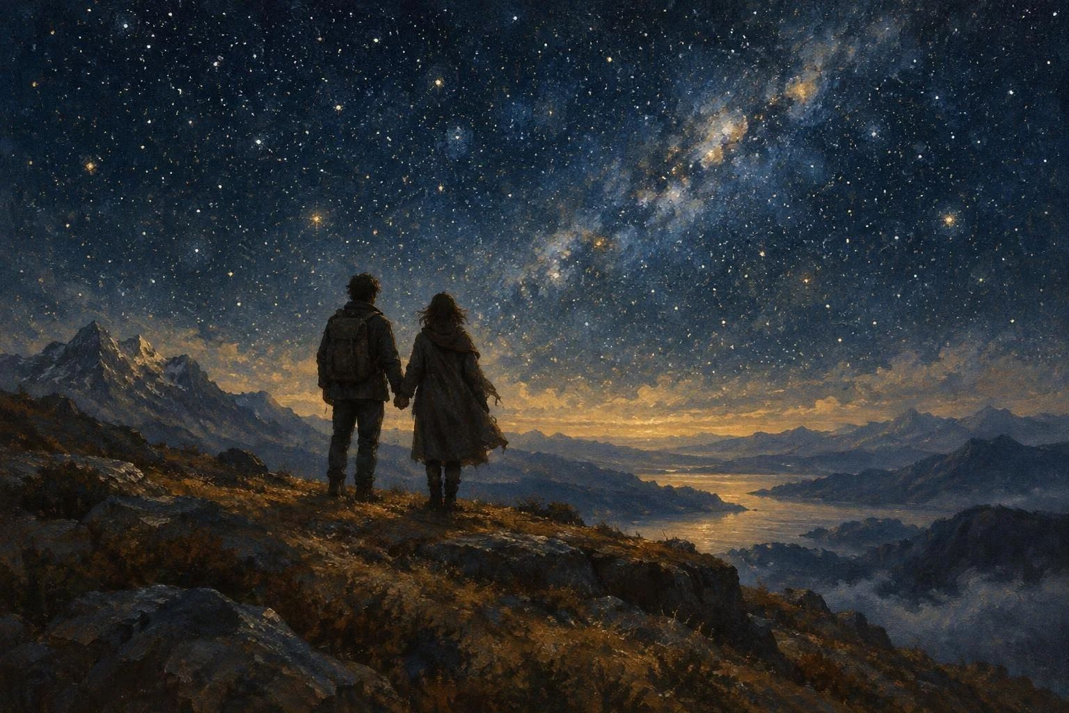 Dy silueta të kapura për dore në një majë mali nën një qiell plot yje