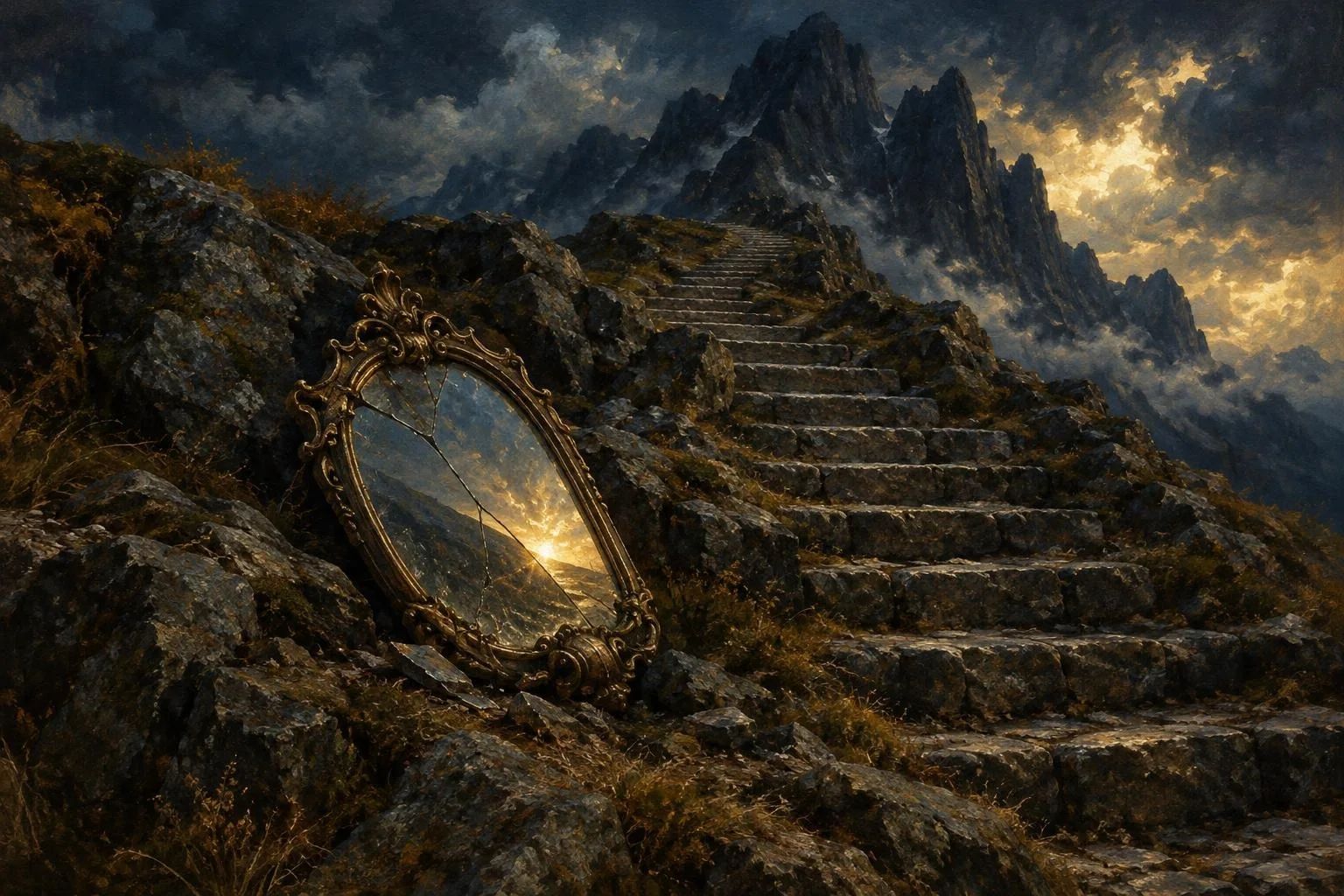 Shkallë të gurta që ngjiten drejt shkëmbinjve të errët me një pasqyrë të krisur përtokë