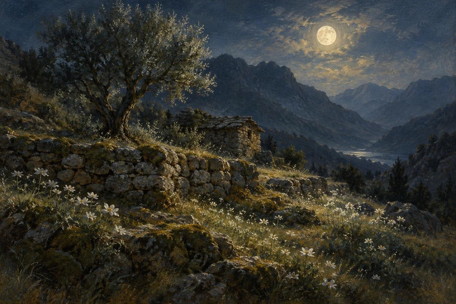 Lëndinë malore e ndriçuar nga drita e argjendtë e hënës