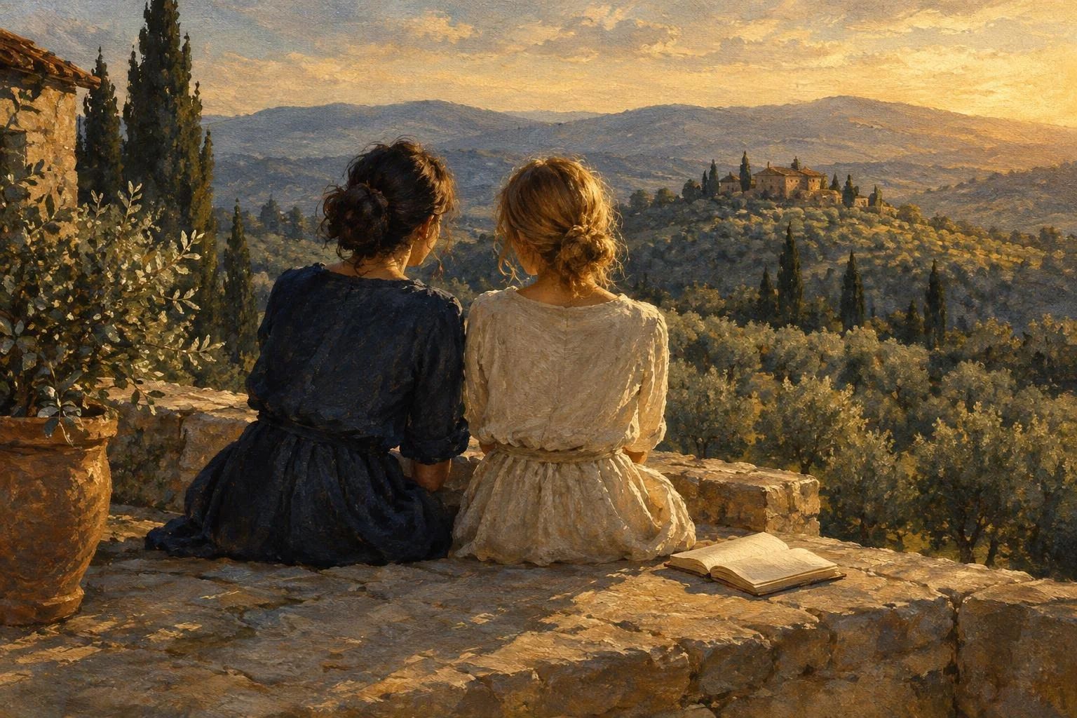 Dy gra të ulura bashkë në një tarracë me pamje nga ullishtat nën dritën e ngrohtë të pasdites