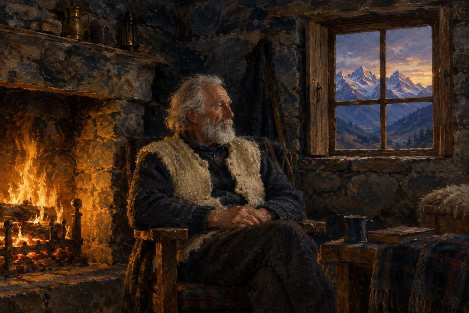 Një burrë i moshuar me jelek leshi i ulur pranë oxhakut në një kullë guri.