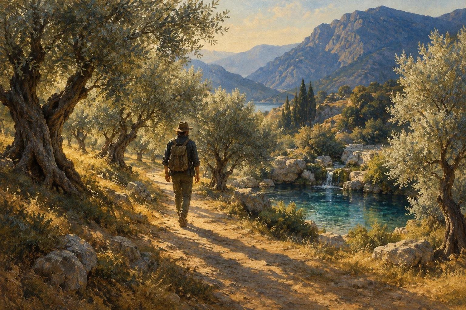 Një udhëtar i vetëm që ecën i qetë në një shteg ullinjsh të ndriçuar nga dielli