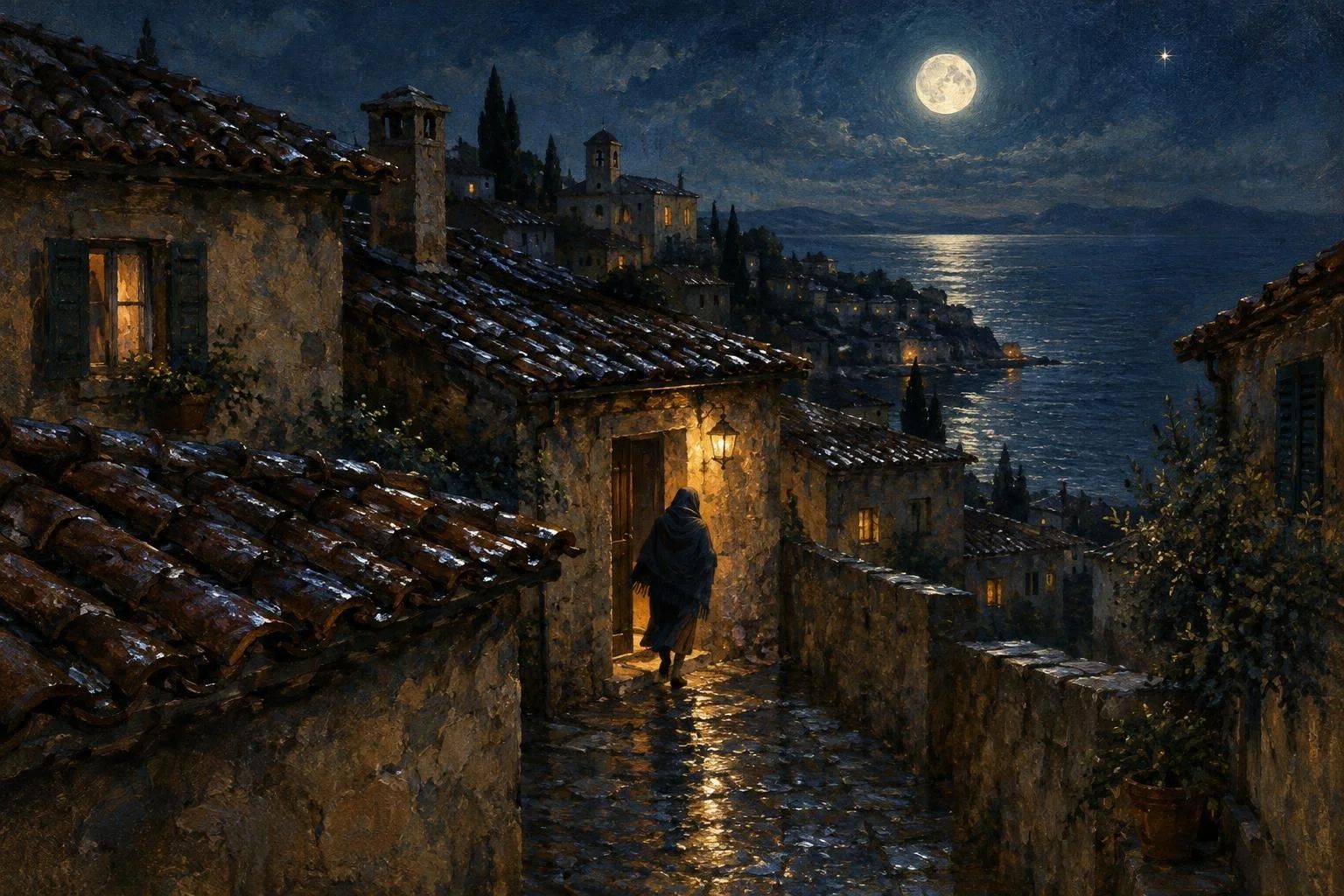Çati të lagura fshati nën dritën e argjendtë të hënës dhe një rrugicë e qetë