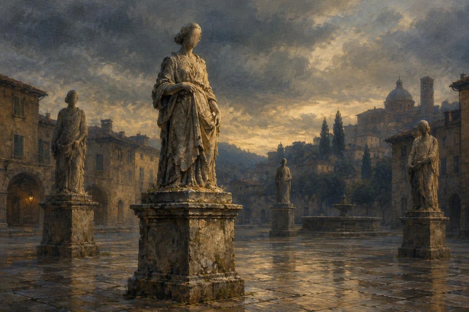 Shesh i shkretë me piedestale guri ku ngrihen statuja pa fytyrë e të gërryera nga koha