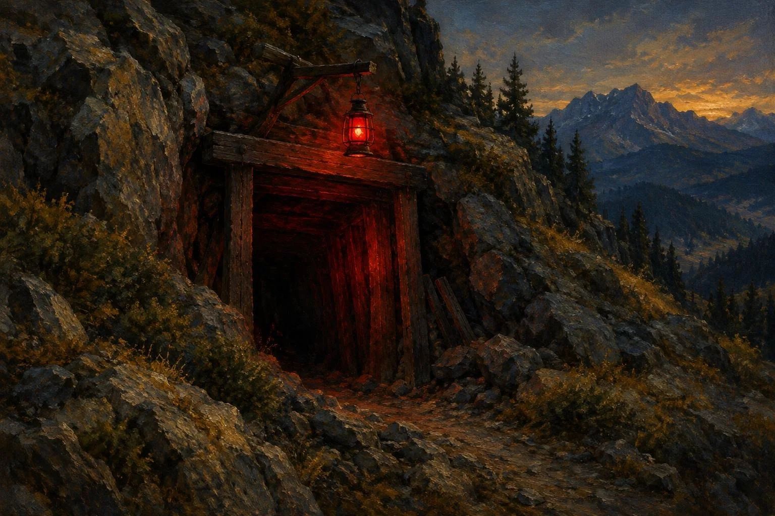 Hyrja e një galerie të vjetër miniere në shkëmb e ndriçuar nga një fener me dritë të kuqe