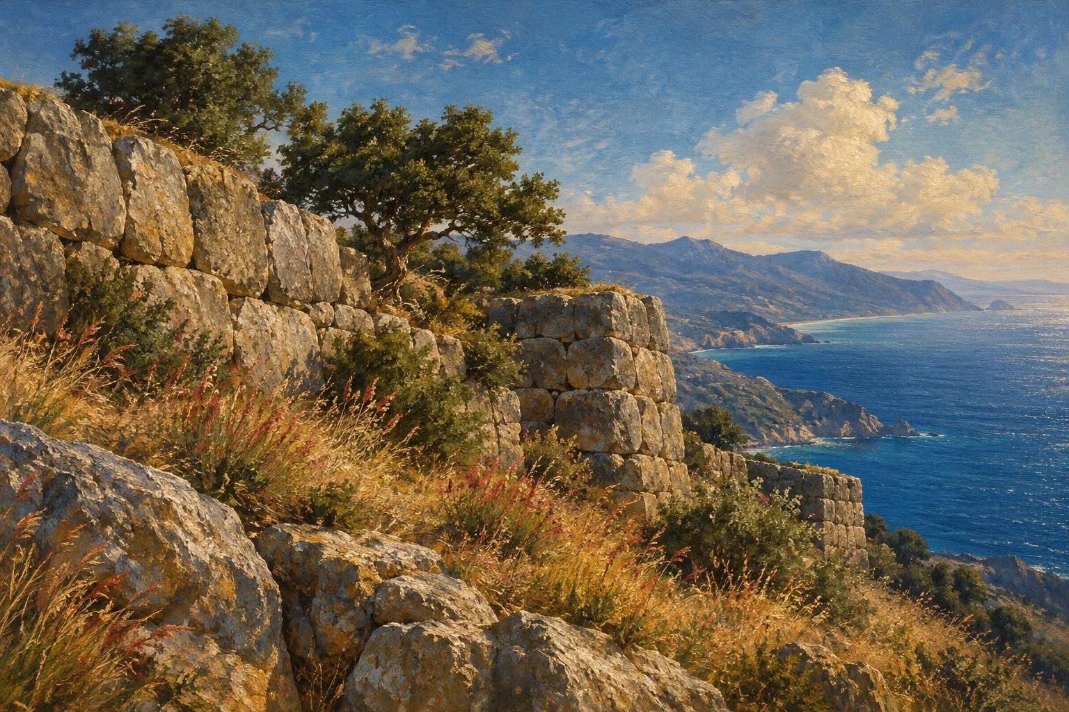 Mure të lashta ilire mbi një kreshtë shkëmbore me pamje nga deti i kaltër në dritë dielli