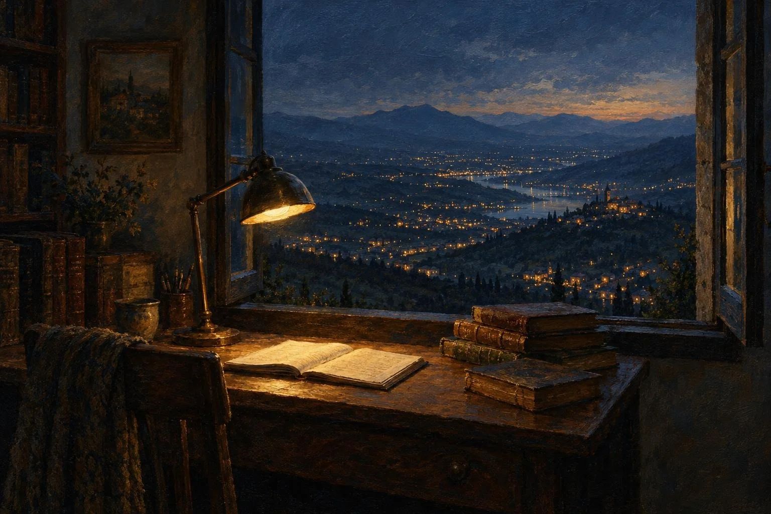 Një tryezë studimi me dritë të ngrohtë pranë dritares që shikon dritat e qytetit natën