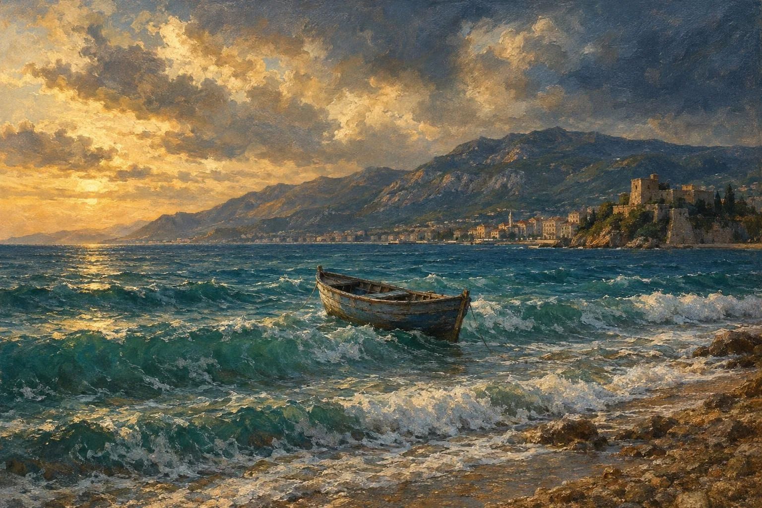 Gjiri i Vlorës me dallgë të kaltra dhe një varkë druri buzë detit