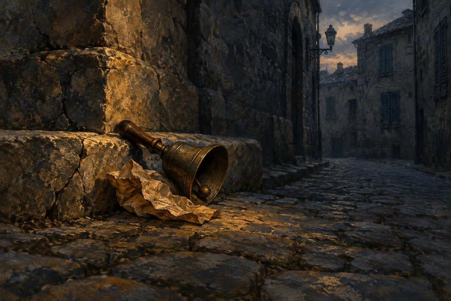 Rrugicë e qetë me kalldrëm në muzg me një këmbanë të vjetër të harruar mbi shkallë.