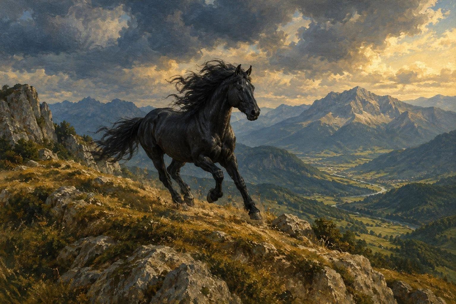 Një kalë i zi me krifën në erë duke galopuar mbi kreshtën e një mali