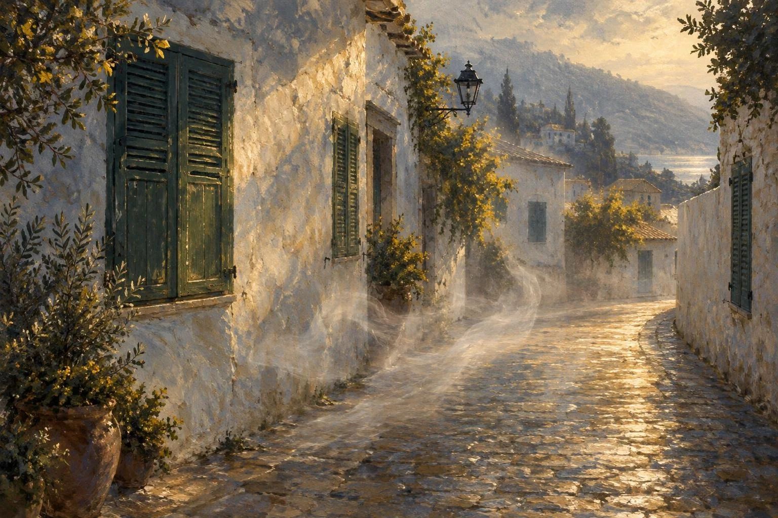 Rrugicë e bardhë me kalldrëm nën dritë të artë dhe gjurmë mjegulle të lehtë