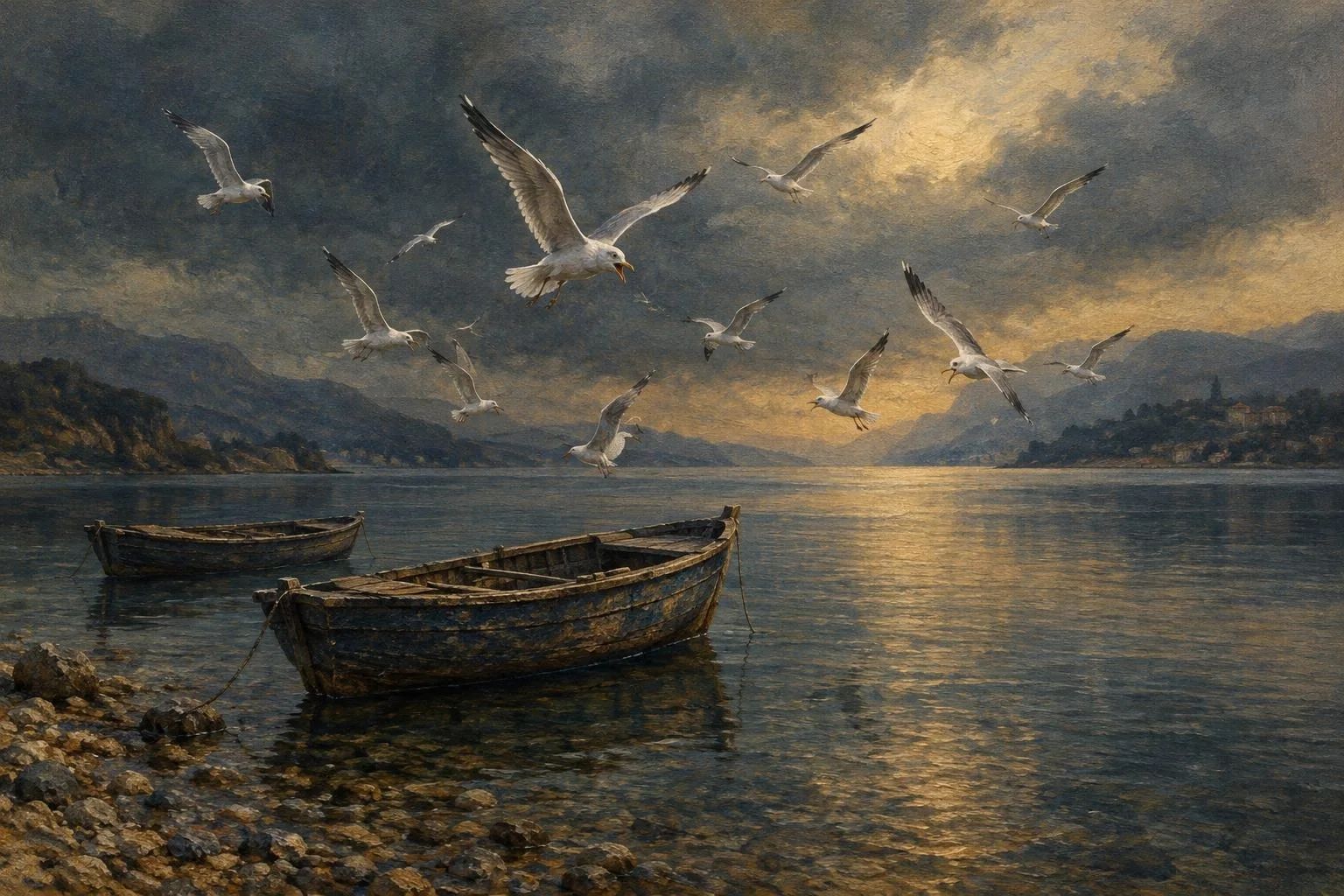 Pulëbardha që fluturojnë mbi varka të qeta druri pranë bregut nën qiell të errët