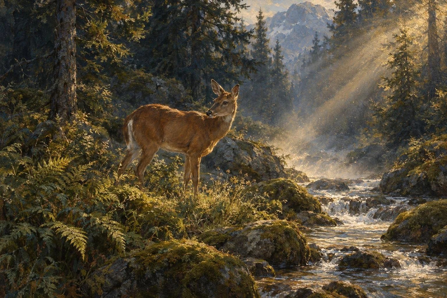 Një drenushë në buzë të një pylli alpin pranë një përroi me ujë të kulluar