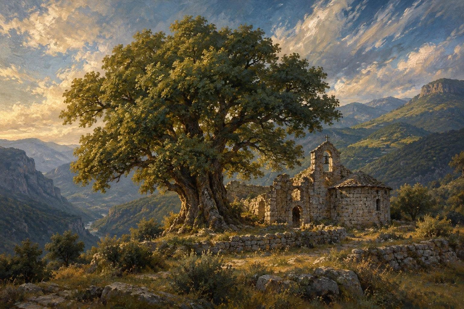 Një lis madhështor shekullor pranë mureve prej guri të një kisheje të vjetër në Zagori