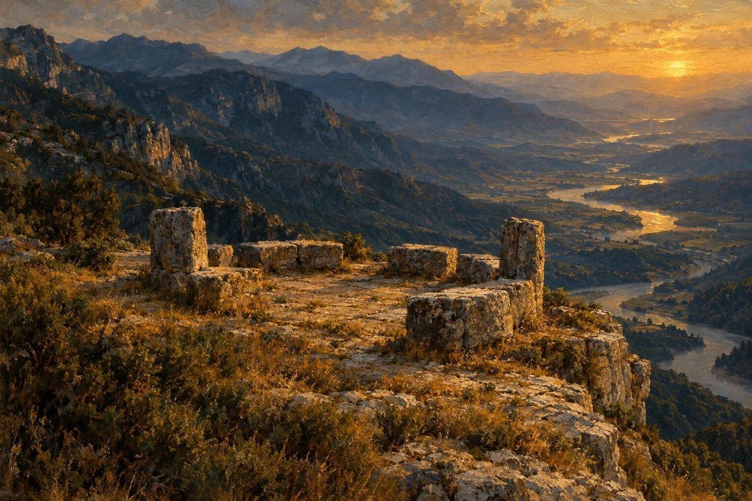 Rreth gurësh të lashtë në një pllajë shkëmbore të Labërisë me pamje nga luginat e thella