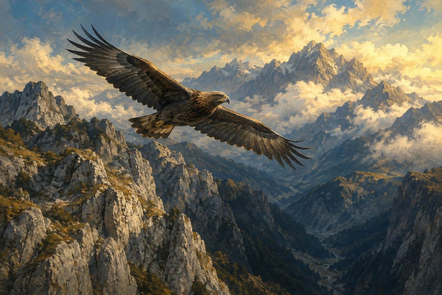 Një shqiponjë që fluturon lart mbi majat shkëmbore të maleve në mëngjes