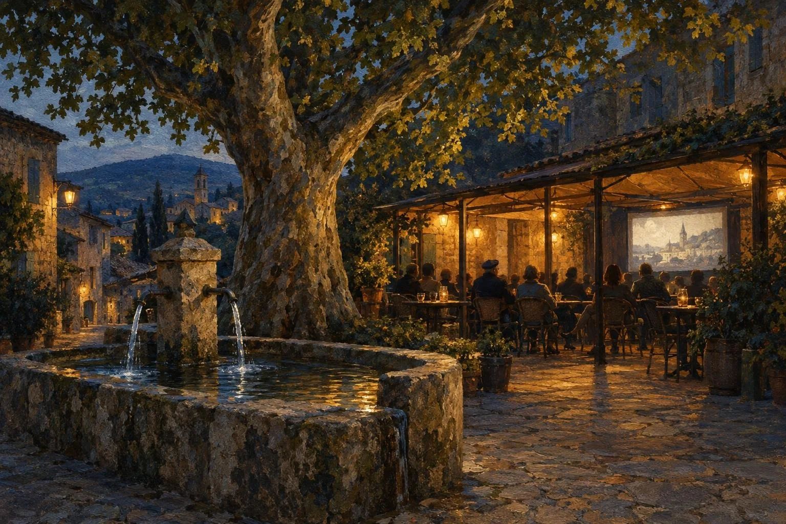 Sheshi i një fshati nën hijen e një rrapi të madh ku banorët janë mbledhur pranë një kafeneje të ndriçuar
