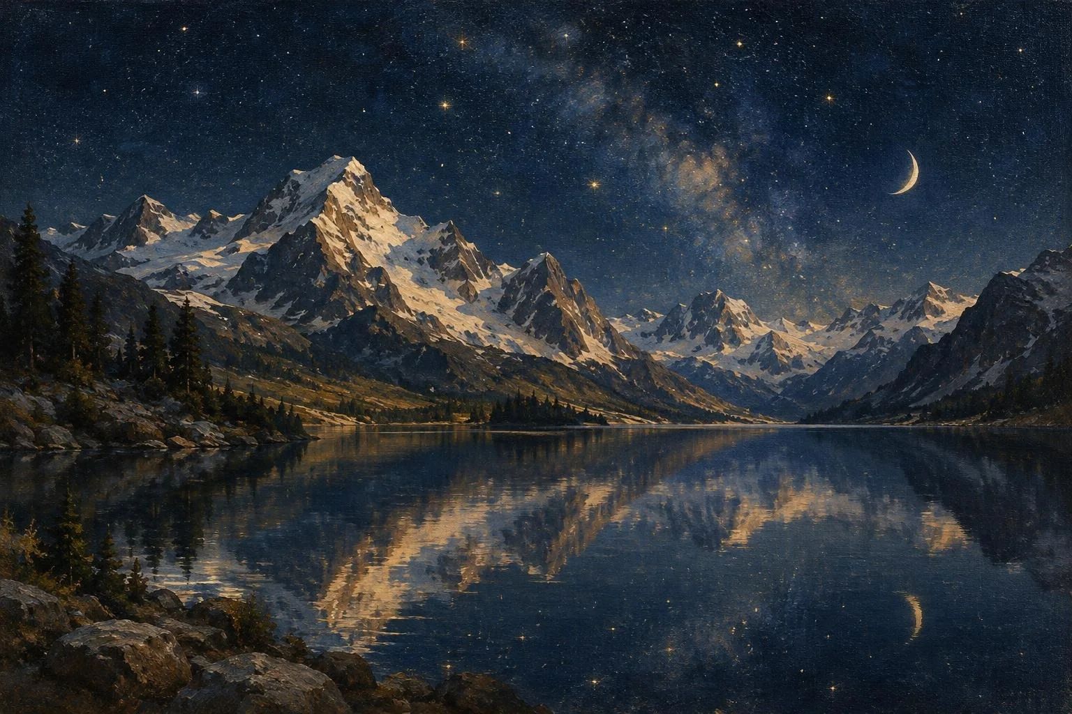 Një liqen i qetë malor nën qiellin me yje që pasqyron majat e larta