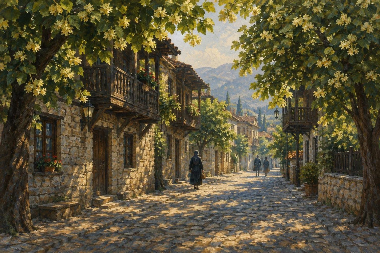 Rrugë me kalldrëm në Korçë mes shtëpive të vjetra prej guri dhe bliut në lulëzim në mëngjes