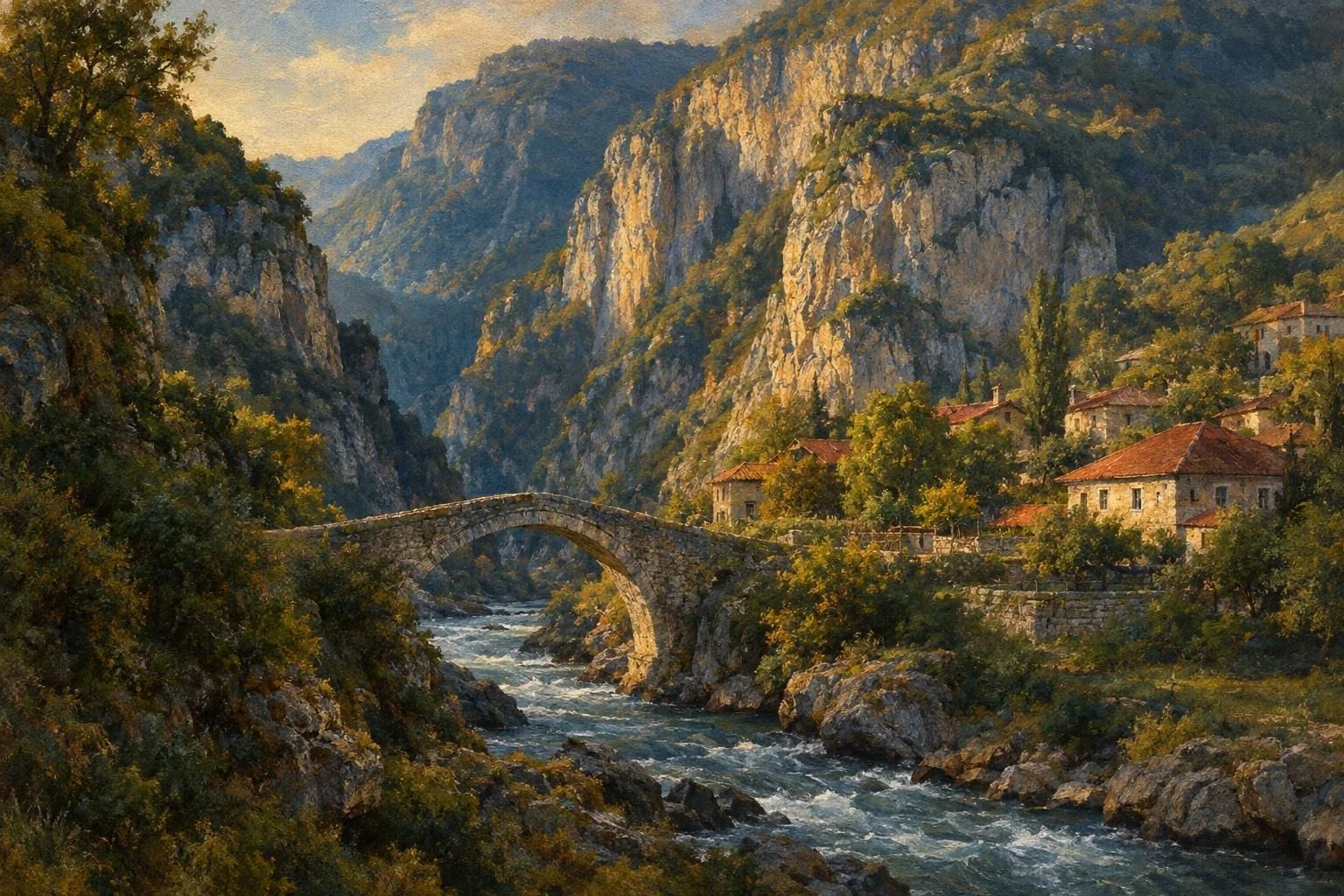 Gryka e Rugovës me shkëmbinj gëlqerorë dhe një urë guri mbi lumë