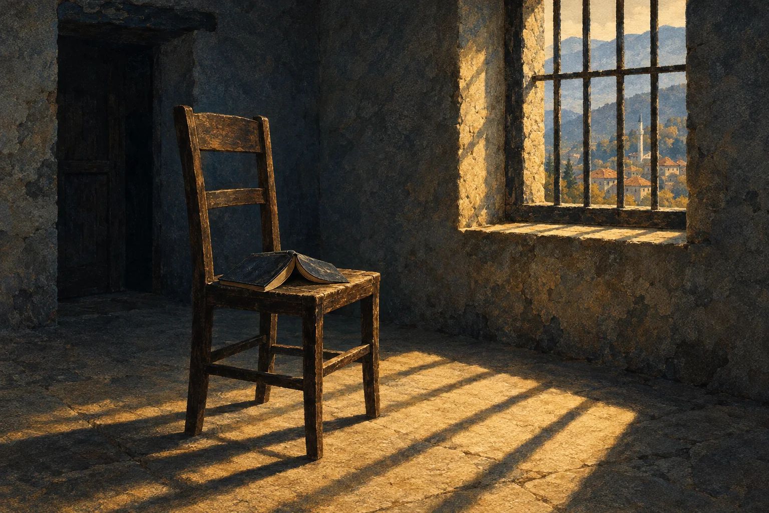Rrugë në një qytet të Kosovës në muzg: qirinj përkujtimorë e lule mbi një mur të ulët, njerëz me kokë të ulur dhe një godinë gjyqi në sfond.