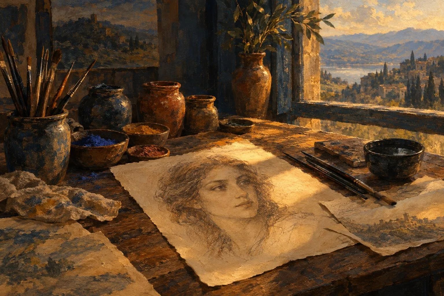 Tavolinë druri me pergamenë, penela e ngjyra të ndriçuara nga drita e ngrohtë e dritares
