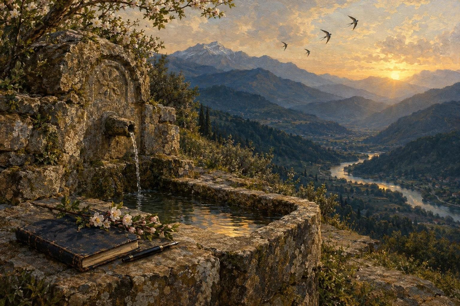 Kroi guri në shpatin mbi luginën e Shkumbinit në agim pashkësh, me një fletore dhe stilolaps mbi gur dhe dallëndyshe që ngrihen drejt reve.