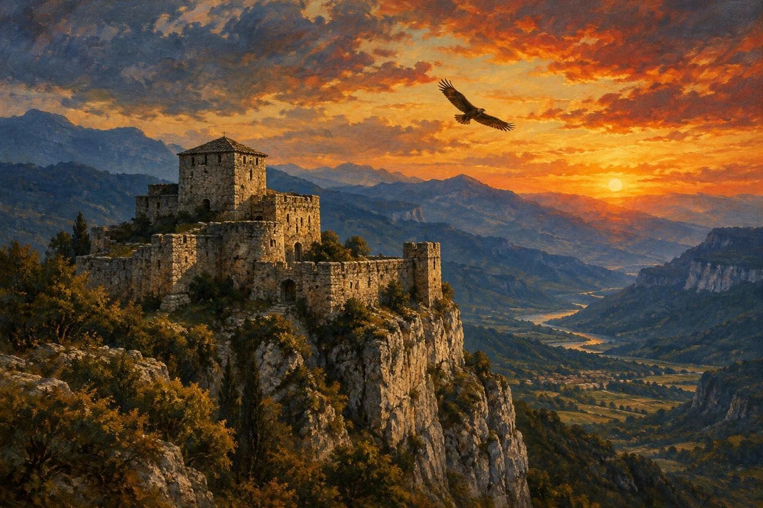 Një kështjellë e lashtë guri mbi një shkëmb të lartë me një shqiponjë që fluturon në agim