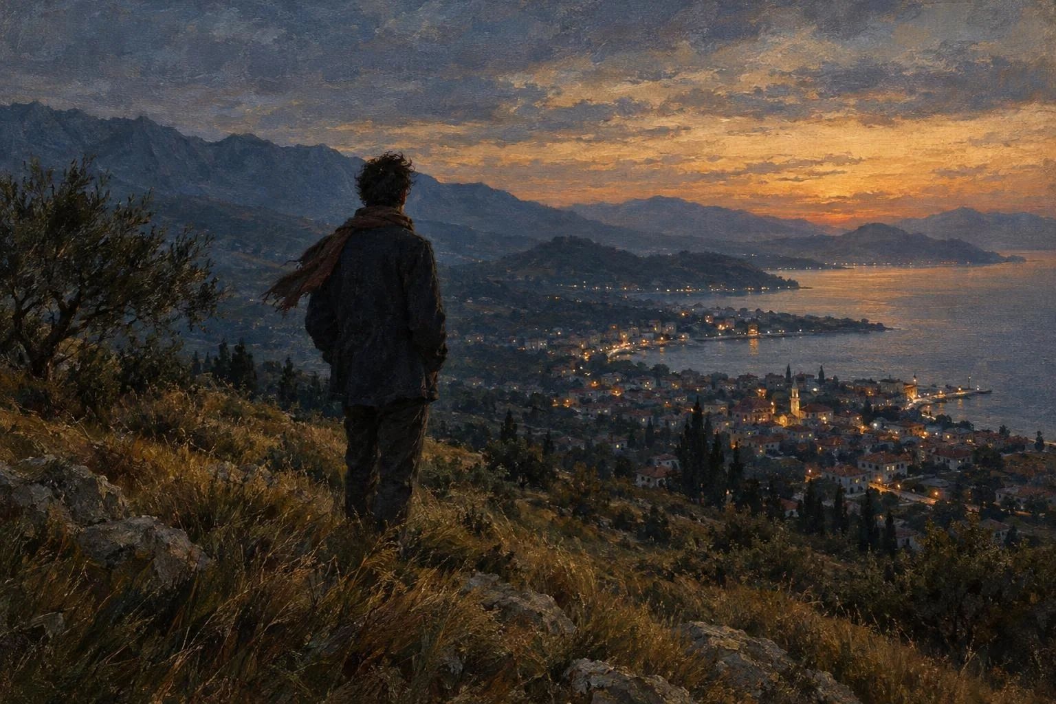 Një figurë e vetmuar e parë nga pas mbi një kodër në muzg duke parë qytetin e largët