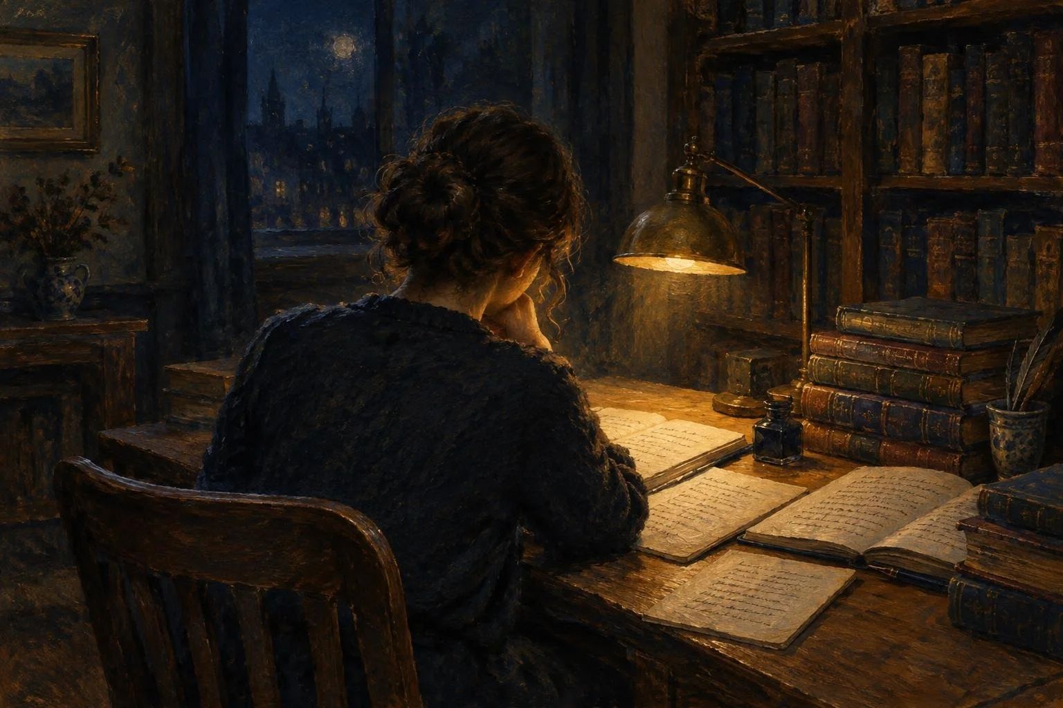 Një vajzë e ulur natën mbi fletoret e hapura në një dhomë të mbushur me libra