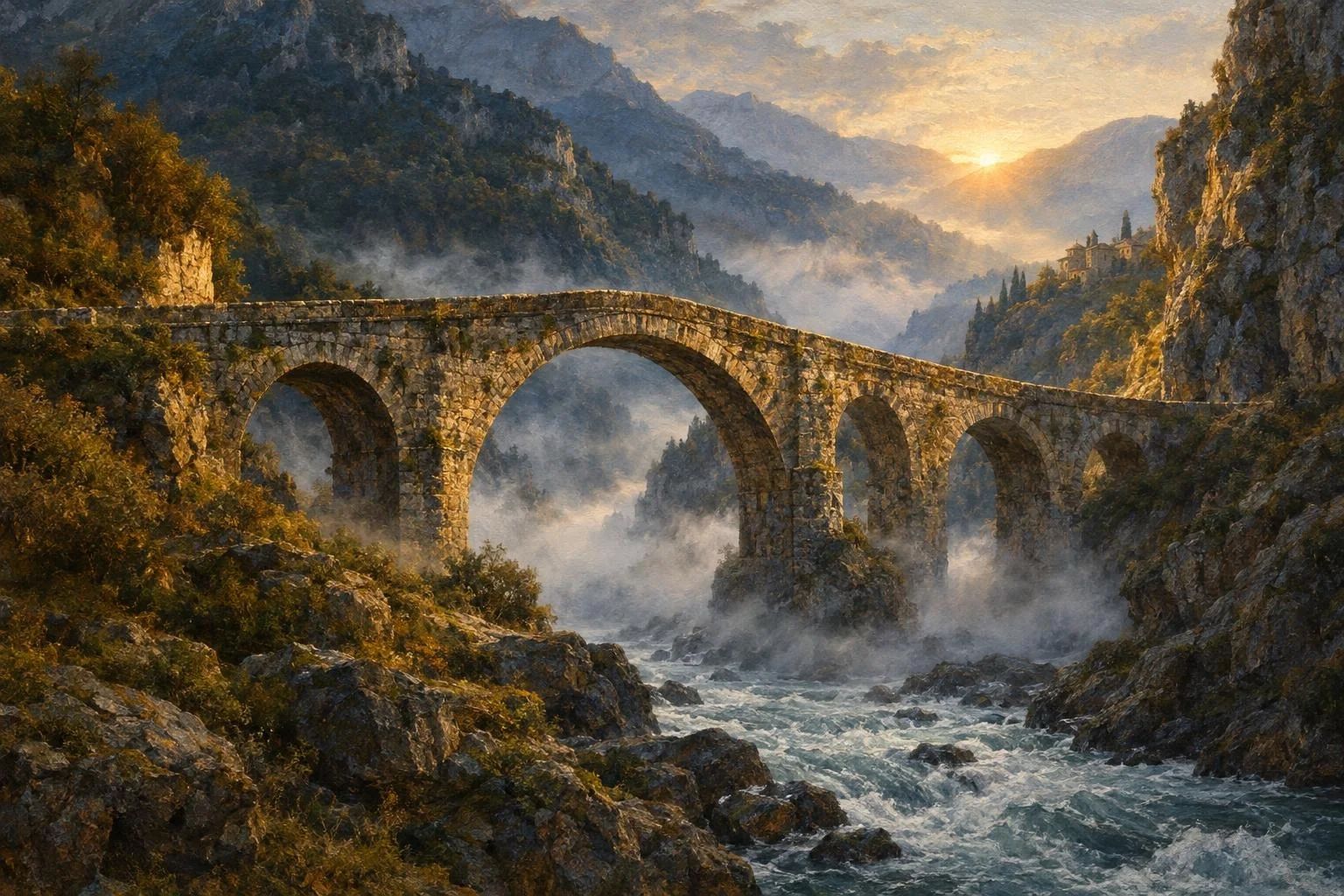 Një urë e vjetër guri me harqe mbi një lumë mali në mjegullën e mëngjesit