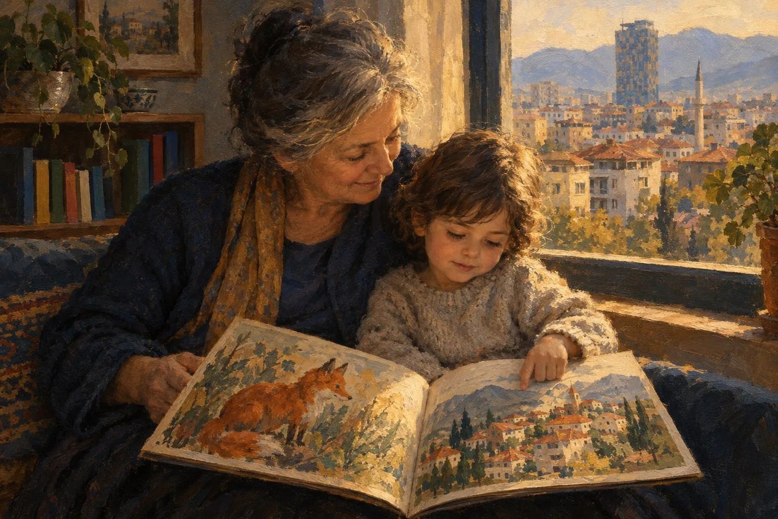 Një gjyshe dhe një fëmijë lexojnë pranë dritares një libër me ilustrime të vizatuara me dorë, me një dhelpër dhe një fshat në faqe.